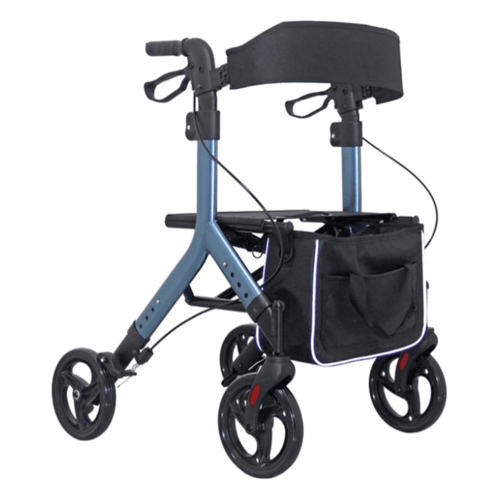 HP-AE01 lightweight aluminum rollator walker with seat, padded backrest, storage bag and loop hand brakes