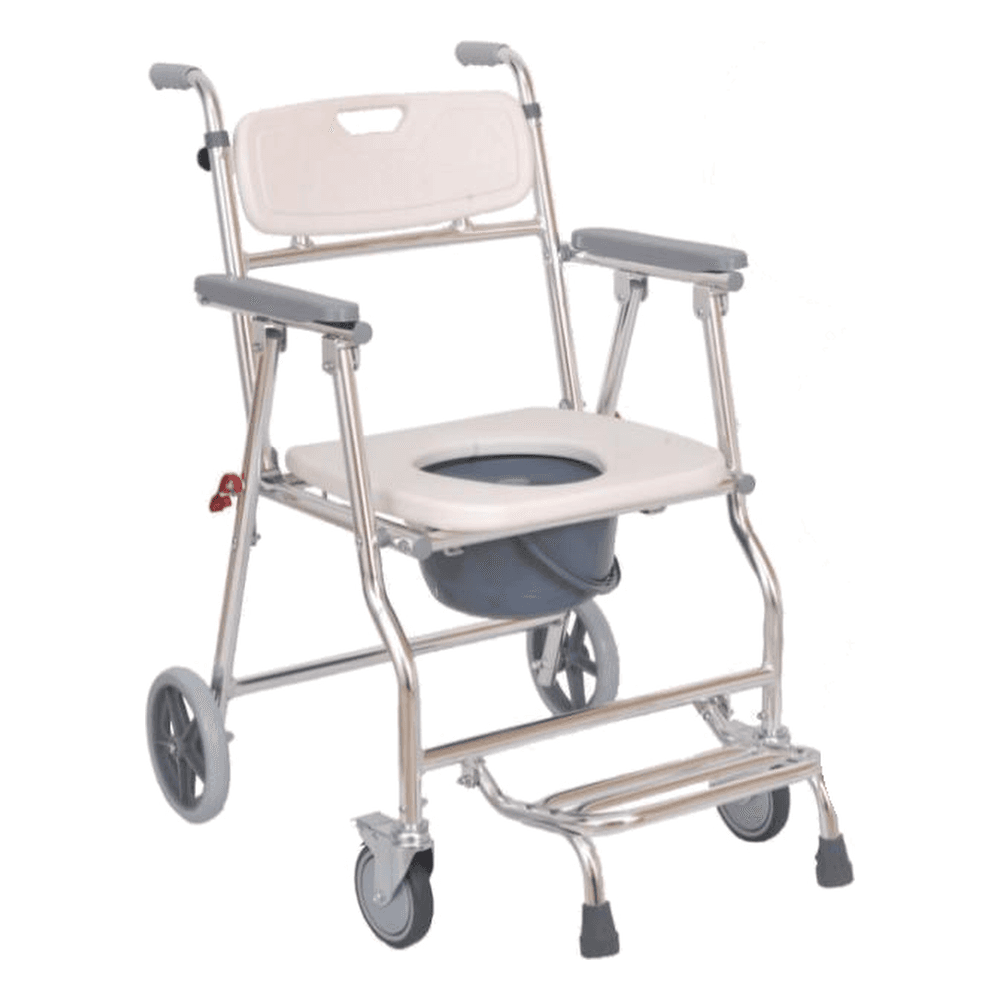 HP-AG04 folding aluminum commode chair with wheels, push handle and flip-up footrest
