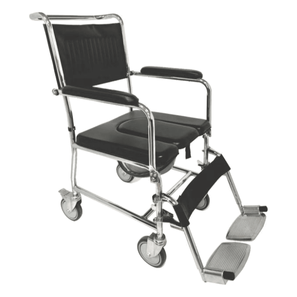 HP-AG05 compact commode wheelchair with removable footrests, flip-up armrests and chromed steel frame