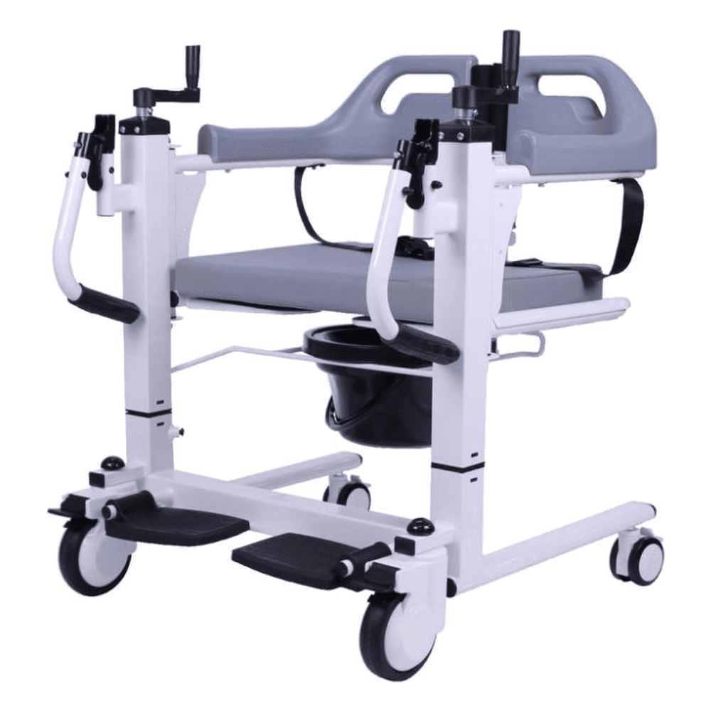 HP-AG10 manual hand-crank patient transfer chair with split commode seat and IV pole hole