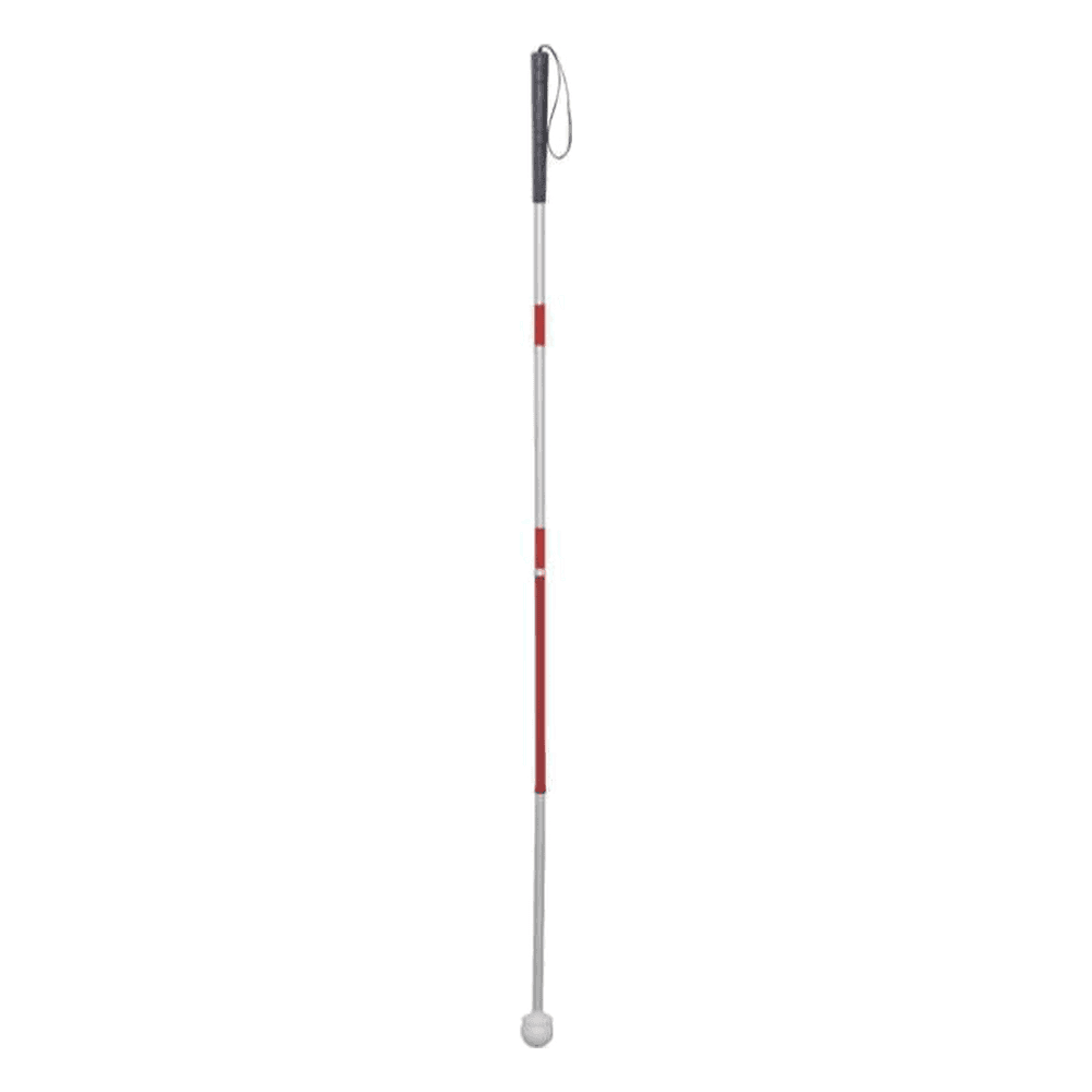 HP-AI10 folding white cane for blind users with red bands, black grip and rotating ball tip