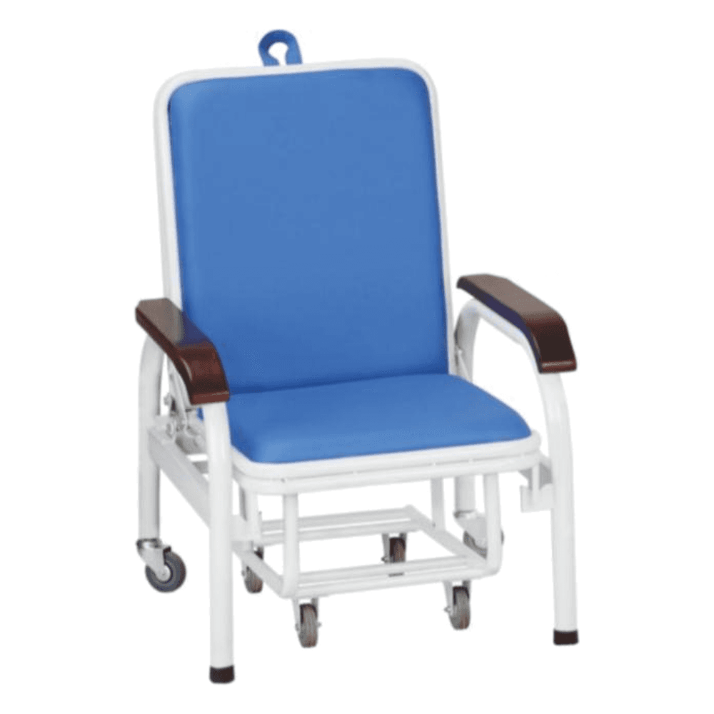 HP-AJ04 folding hospital sleeper chair with blue padded upholstery and wooden-look armrests