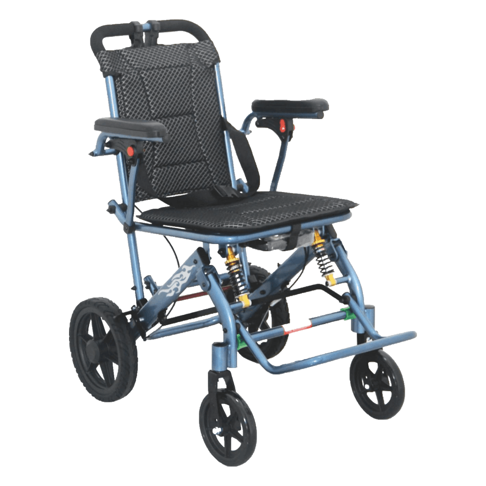 HP-Y04 lightweight transport wheelchair with aluminum frame, mesh seat, flip-up armrests and small rear wheels