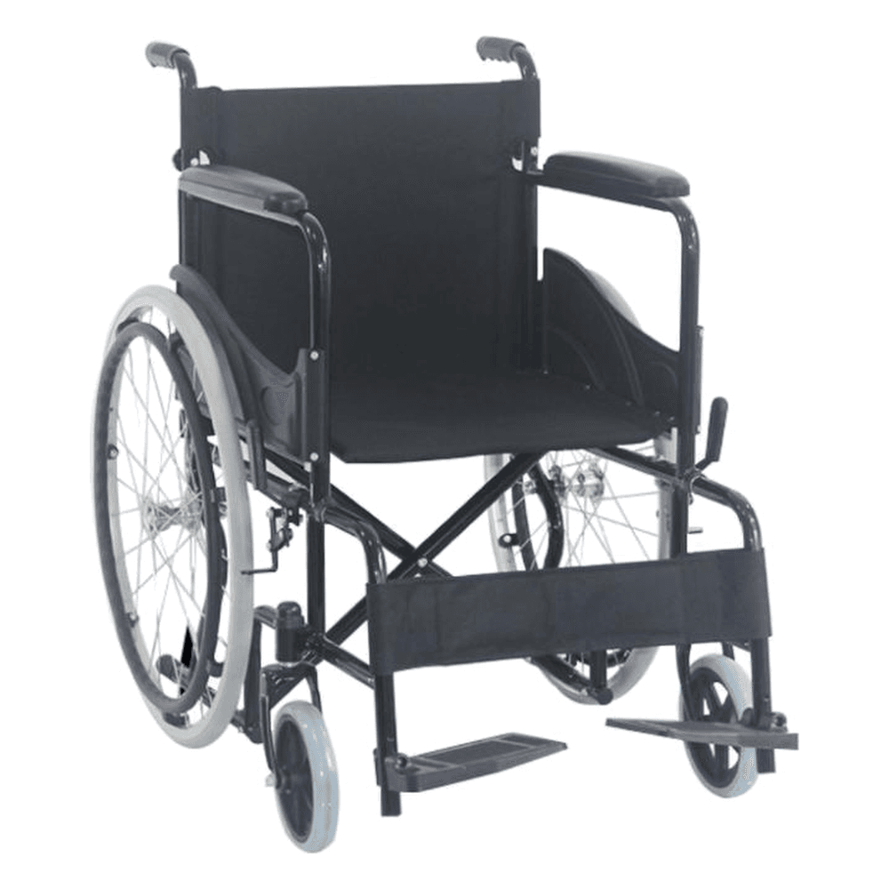 HP-Y09 economy powder-coated steel wheelchair with solid wheels, plastic hand rims and detachable push handle
