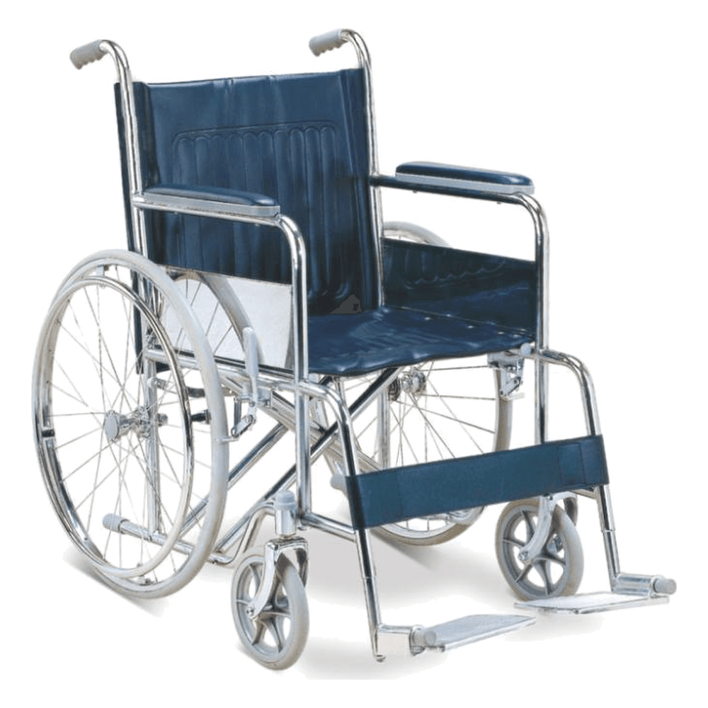 HP-Y10 chromed steel wheelchair with double cross brace, fixed armrests and solid rear wheels