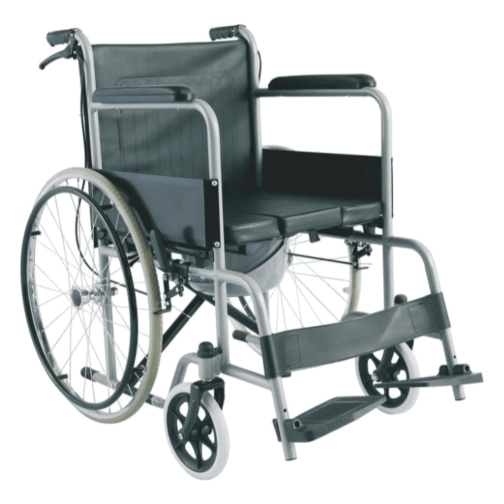 HP-Y12 steel commode wheelchair with U-shape seat cushion, fixed armrests and large solid rear wheels