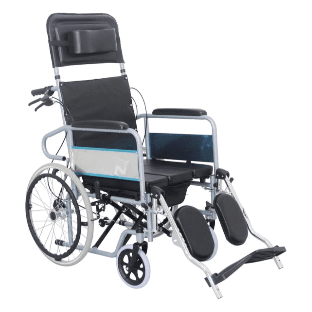 HP-Y13 reclining high-back wheelchair with headrest, elevating leg rests and commode seat