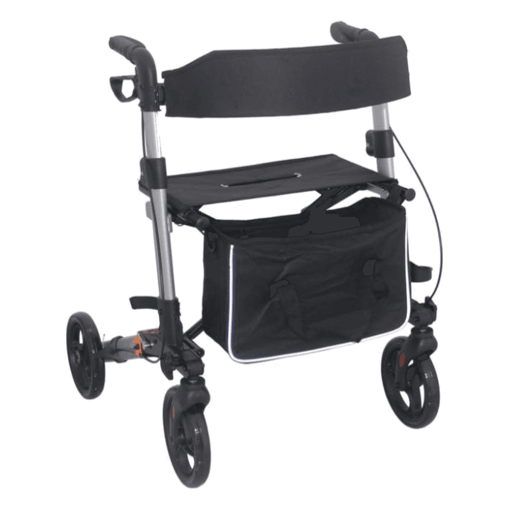 HP-AE02 compact folding rollator with seat, padded backrest, large storage bag and loop brakes