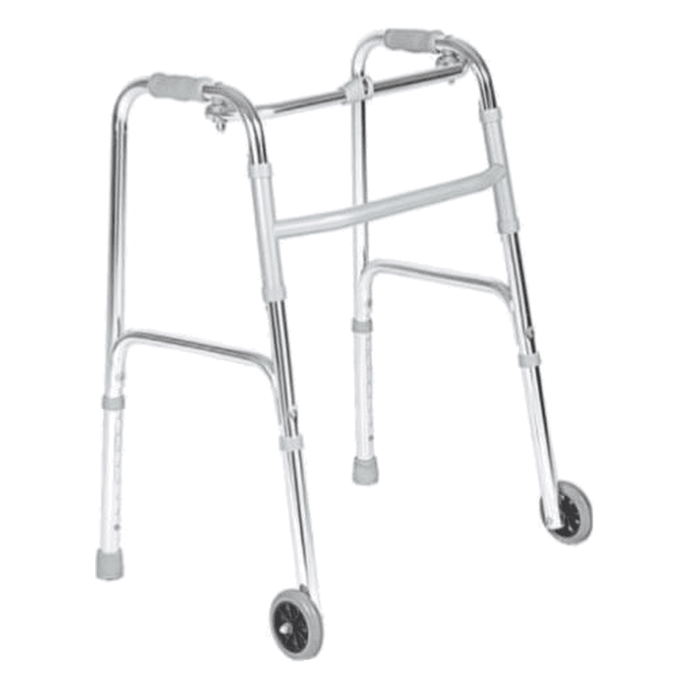 HP-AF02 folding aluminum walker with two front wheels and rear rubber tips