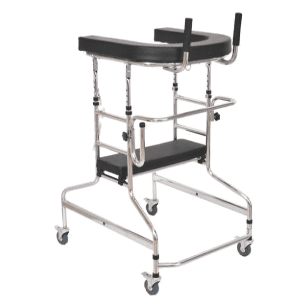 HP-AF07 gait trainer walker with padded underarm supports, seat and braked wheels