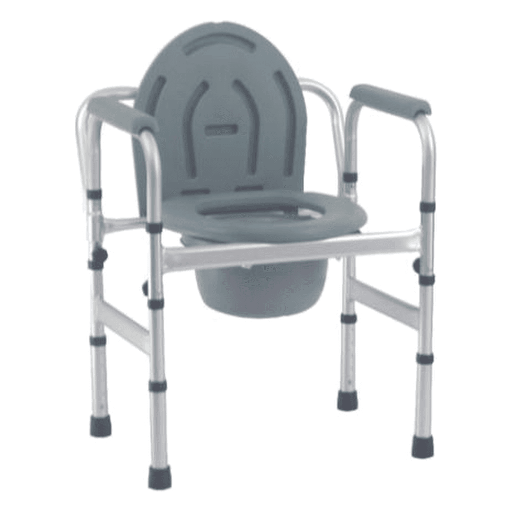 HP-AG01 folding aluminum commode chair with armrests, contoured seat, lid and removable bucket
