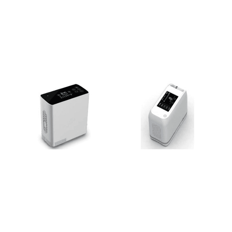 POC8 and POC4 portable oxygen concentrators in white housings with digital displays